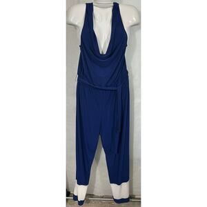 ESY Studio Blue Drape Jumpsuit XL Cowl Neck Belted Colorblock Legs USA
